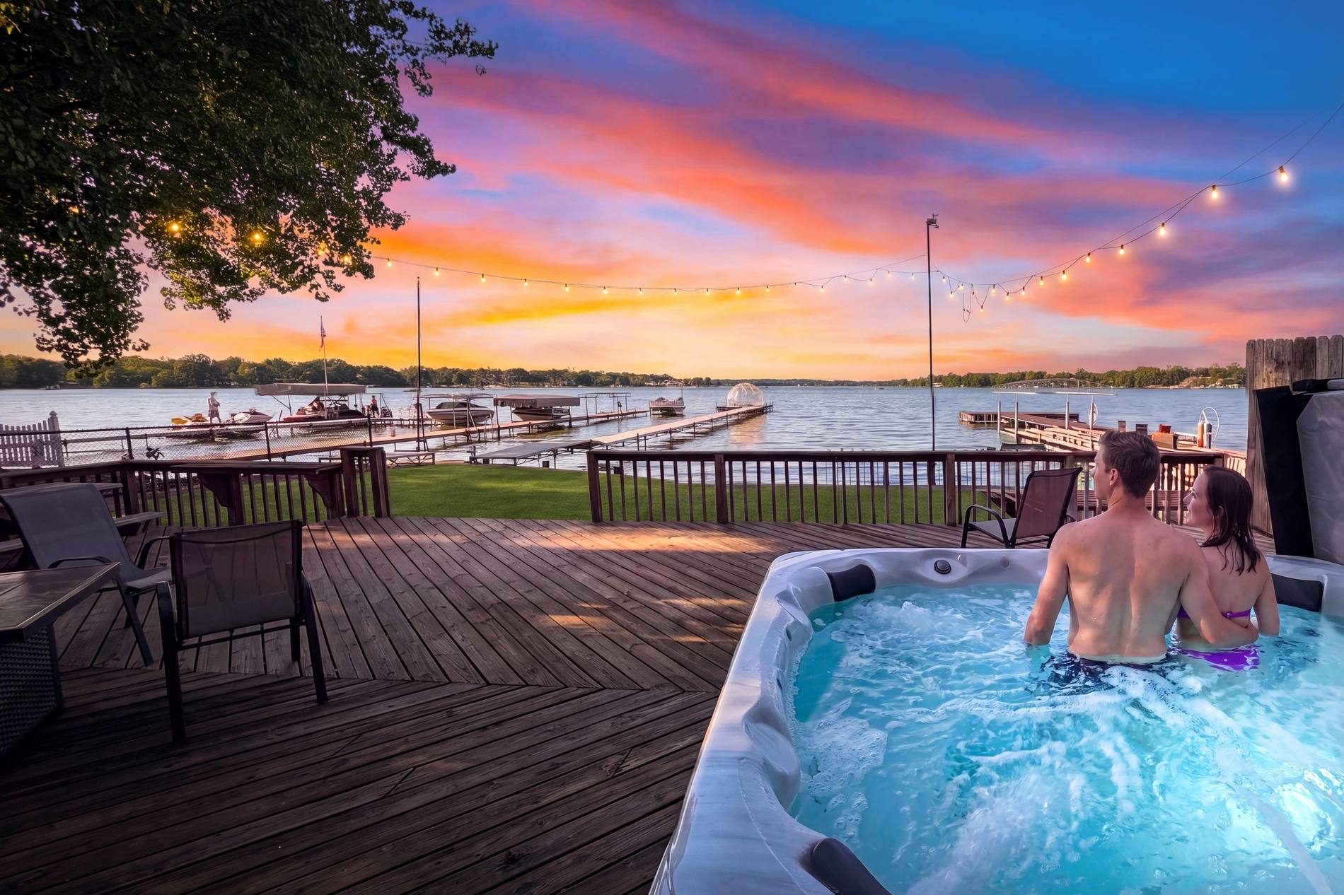 Sunset over Cedar Lake from the hot tub on the lakefront deck