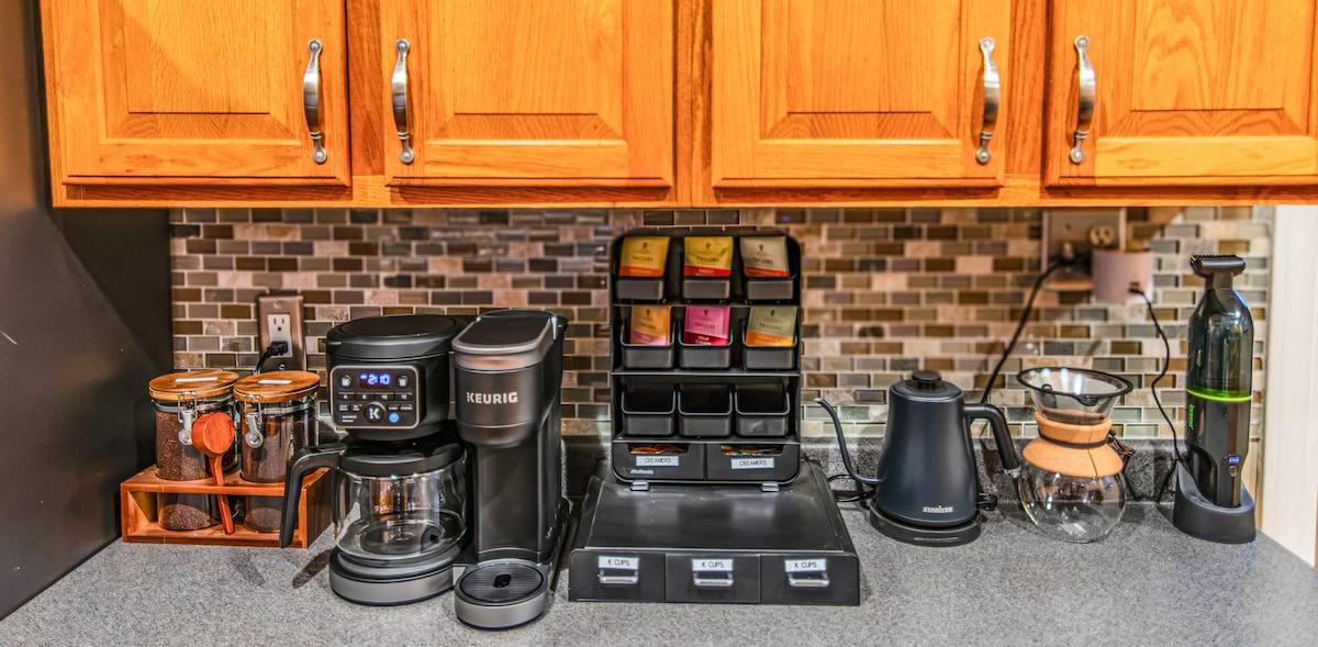 The coffee station: Keurig, drip pot, pour-over and electric kettle
