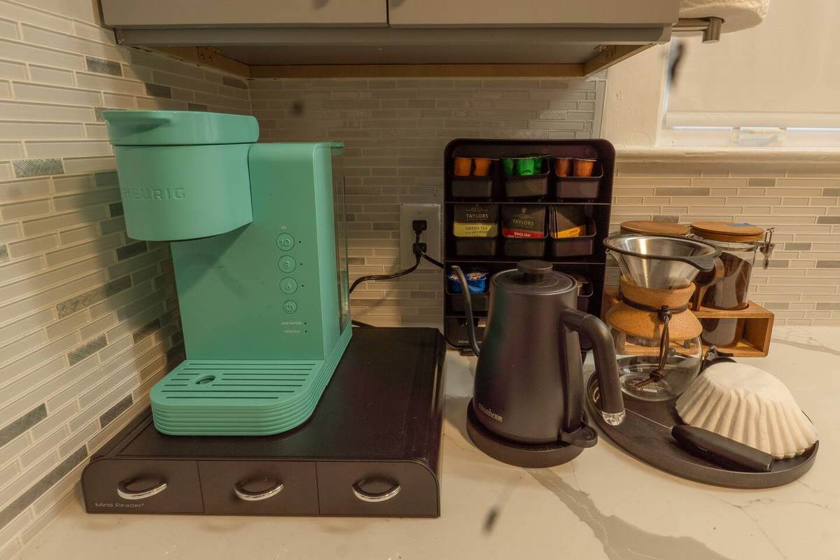 The coffee nook: Keurig, pour-over, and electric kettle